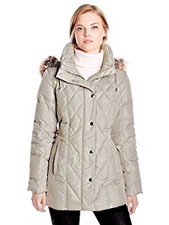 LONDON FOG Women's EVE QUILTED DOWN COAT with DETACHABLE FAUX FUR TRIMMED HOOD S