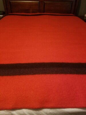 Vintage Large GOLDEN DAWN 100% WOOL Blanket Red/w Black Stripes Designer 