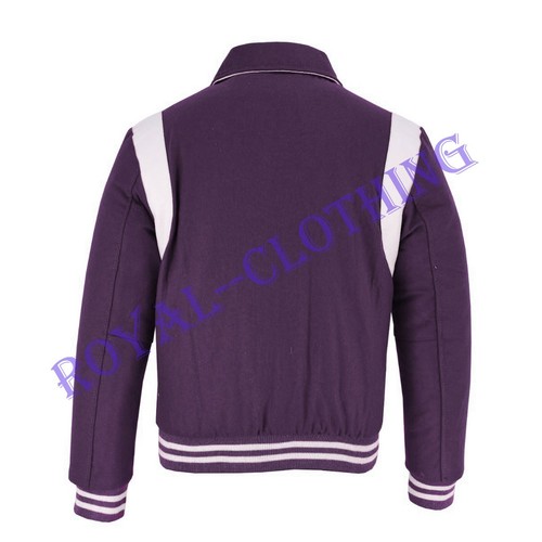 Chaqueta Retro Bombardero University Letterman Lana Púrpura Blanca Cuero Genuino Rayas - Imagen 4 de 5