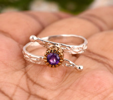 925 Silver Texture Bypass Band Ring With Natural  Genuine Round Amethyst Stone