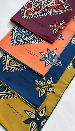 NWT Unisex Burberry Scarf Prorsum Logo Lucky Floral Print Peach Blue Silk Wrap - Picture 19 of 19