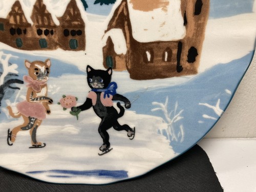 Nathalie Lete Anthropologie Plate HOLIDAY PROVENCE Skating Cats Christmas 8.25” - Picture 5 of 10