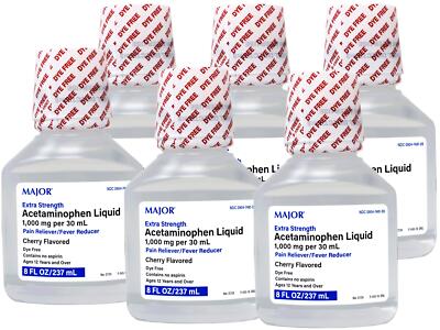 6 Pack MAJOR Extra Strength Acetaminophen Liquid, Cherry, 8 FL OZ, Dye Free