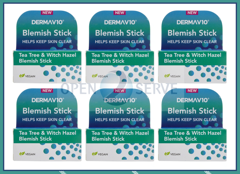 6x Derma V10 Blemish Stick Tea Tree & Witch Hazel - Vegan | Calms | Soothes - 6g
