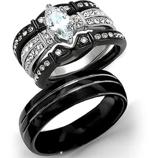 New 4 Pc His Tungsten Her Black Stainless Steel Wedding Engagement Ring Band Set