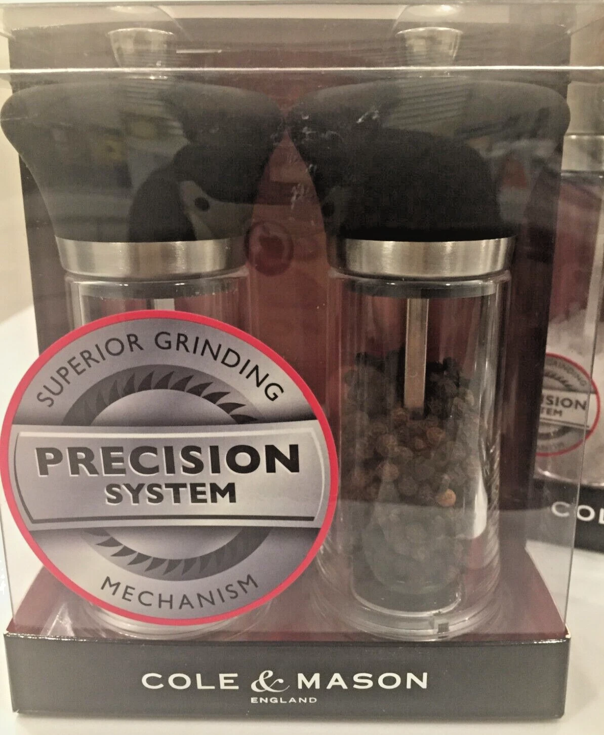 COLE & MASON STAINLESS STEEL AND BLACK Salt & Pepper Grinder Set BOBBY FLAY FAV!