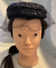 PILLBOX HAT WITH NETTING RAFFIA STRAW VINTAGE MIDNIGHT BLUE