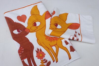 Ensemble Drap Et Taie D Oreiller Lit Enfant Bebe Animaux Faon Bambi Vintage Ebay