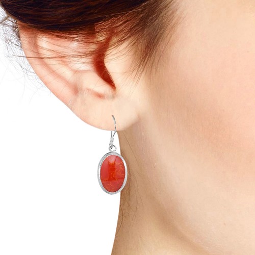 Simply Elegant Oval Red Coral Inlay on Sterling Silver Dangle Earrings - Bild 5 von 5