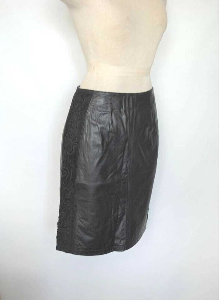 Falda lápiz para mujer G-3 cuero negro genuino bordado geométrico gamuza talla 7 Foto 2 de 4