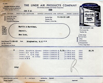 Linde Invoice 1932 Linde Air Products Union Carbide Invoice Letterhead Long Island NY ...