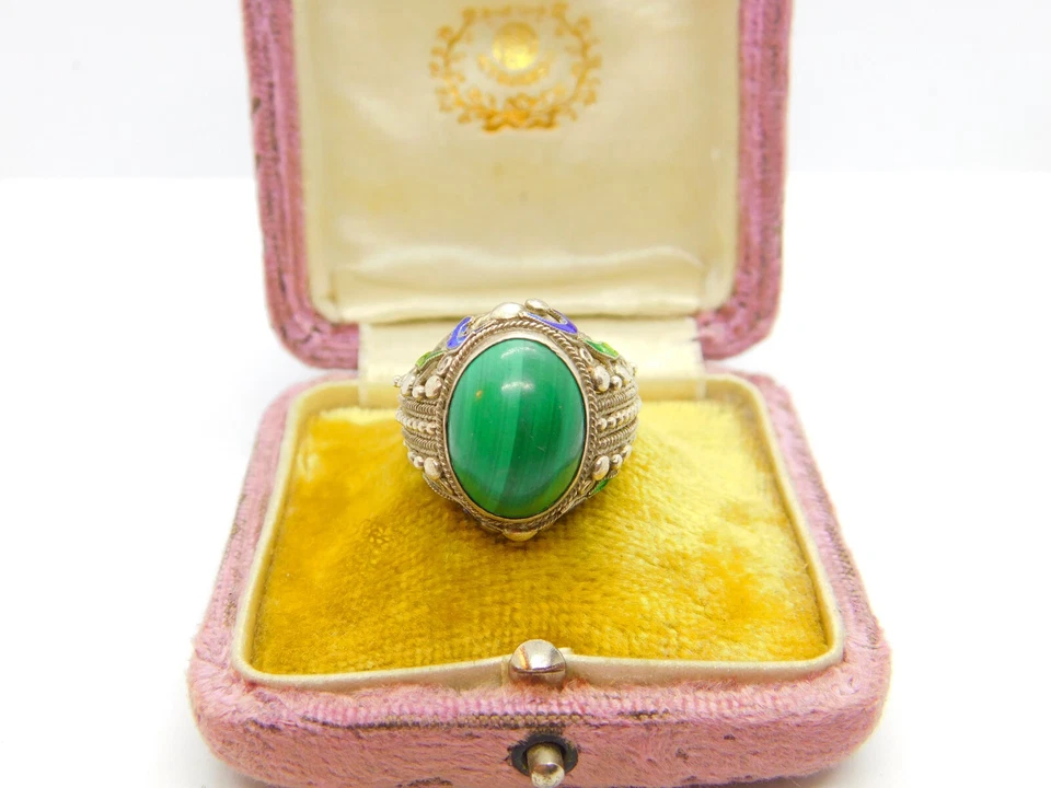 Anillo de sello de plata esterlina, malaquita cabujón y esmalte de exportación china c1950 Foto 2 de 4