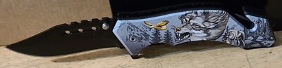 WOLF EAGLE FOREST TREE MOUNTAIN SPRING ASSISTED KNIFE WITH BELT CLIP 