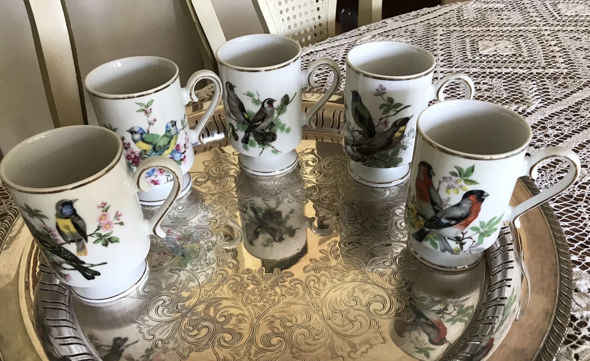 Set of 5 -Royal Crown -Porcelain Footed 8 Oz Coffee Mugs -Birds