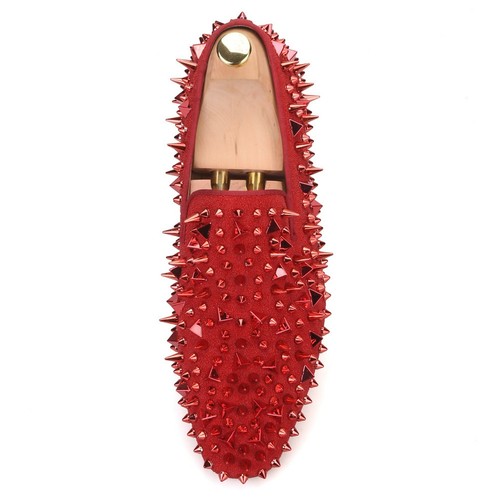 Merlutti Red Loafer Red Rhinestones Spikes Rivets Prom Wedding Flat - Picture 3 of 4