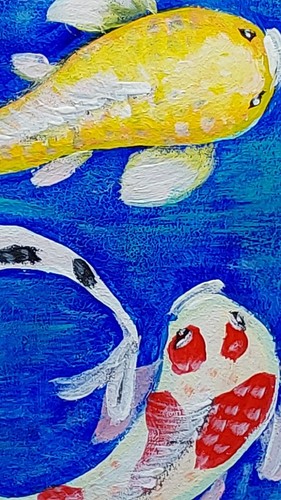 Pintura Original Koi Carpas Feng Shui Regalo Pequeño Arte Hecho a Mano Arte de Pared - Imagen 2 de 9