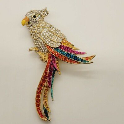 Sparkly Parrot Brooch - Silvery Tone Multicolor Crystal Rhinestone Lapel Pin Dress Accessory