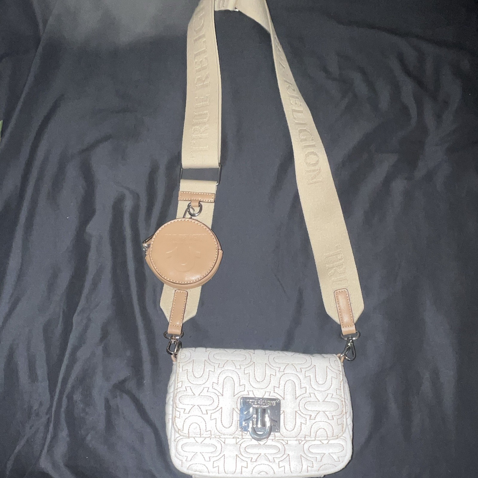 True Religion White Monogram Small Crossbody w/ Coin Purse