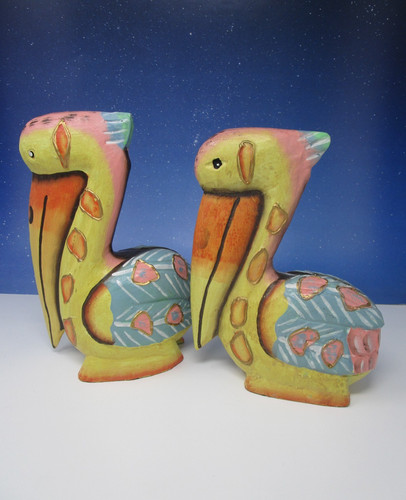 Pair of Hand Painted Colorful 10" Wooden Pelican Figurines Made in Indonesia