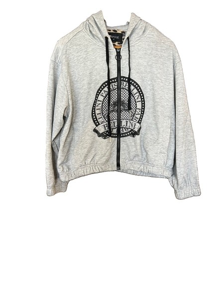 Refuge Athletics Woman’s Medium Cropped Gray Zipped Hoodie Graphic Sweatshirt 