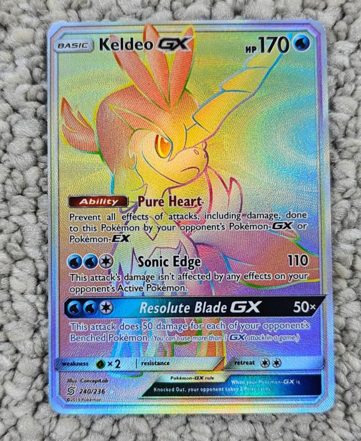 2019 Pokemon Keldeo GX 240/236 Unified Minds Rainbow Secret Rare Full Art Holo