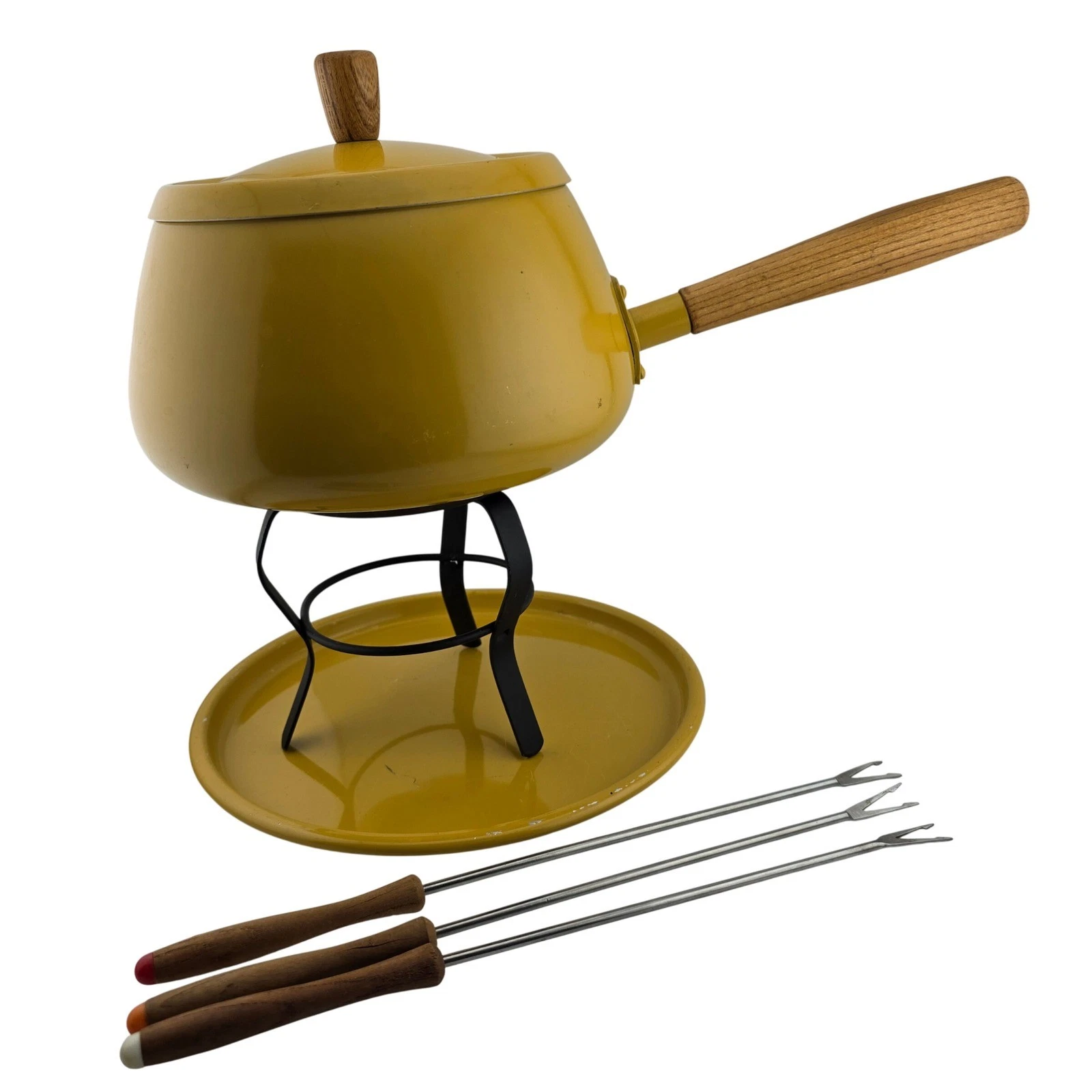 1960s 1970s Yellow Enamel Fondue Set Japan MCM Retro Pot Forks Stand Tray
Opens in a new window or t