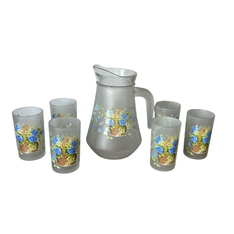 Vintage MCM Brilliant Brand Frosted Pitcher and 6 tumbler set Blue Roses Floral 
