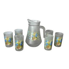 Vintage MCM Brilliant Brand Frosted Pitcher and 6 tumbler set Blue Roses Floral 