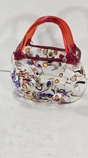 Vintage Hand Blown Art Glass Purse Bag Vase Red Italian Murano Style Millefiori