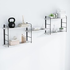 5 Pack 17x6 Inch Wood Floating Shelves with Metal Brackets - Washed White