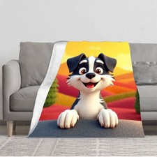 Durable Soft  Warm Flannel Blanket-Cozy Design with Cheerful Dog Vibrant Sunset