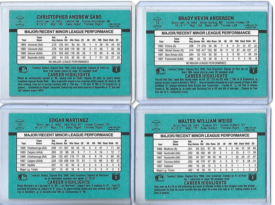 Juego completo de béisbol Donruss Rookies 1988 1-56-E. Martinez/Sabo/Weiss RC Foto 2 de 2