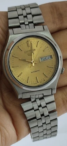 Vintage Seiko 5 Automatic Gold Dial 6309 17Jew D/D Men Wristwatch Steel Band