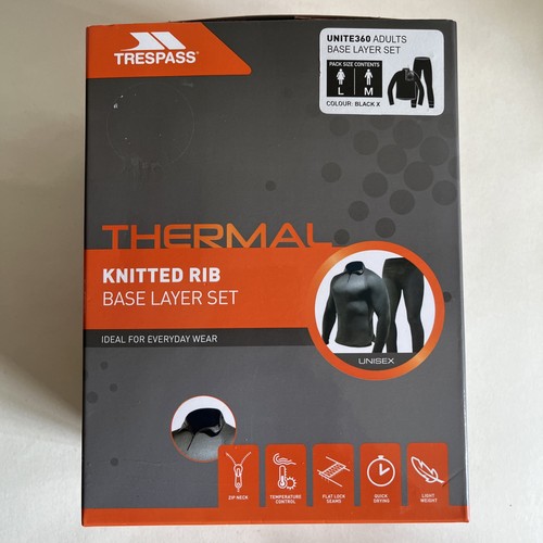 Trespass knitted rib Black Thermal unisex Base Layer Warm Top Tights Set medium