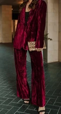 Maree Pour Toi 14-16 Crushed Velvet Suit Double Breasted Blazer Wide Leg Pants