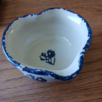 Vintage Marshall Pottery Heart Shaped Bowl Blue Sponge Paint 5''