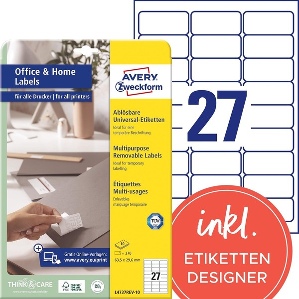 Avery Zweckform Universal-Etiketten 63,5 X 29,6 Mm Weiß 270 Etiketten-image