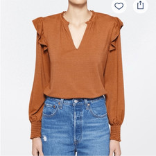 Top Kaileigh Rust manga con volantes a cuadros naranja manga acanalada mediana nuevo sin etiquetas