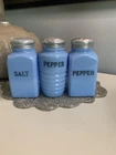 Vintage Jeannette Hazel Atlas Shakers. Blue Delphite Shakers. Set Of 3