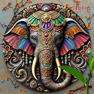 2D Flat, 1pc Vibrant Indian Elephant 8x8'' Round Tin Metal Signs - Intricate Flor