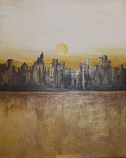 CITYSCAPE, THE GOLDEN HOUR- ORIGINAL 100% HAND PAINTED 16"x20" ABSTRACT PAINTING