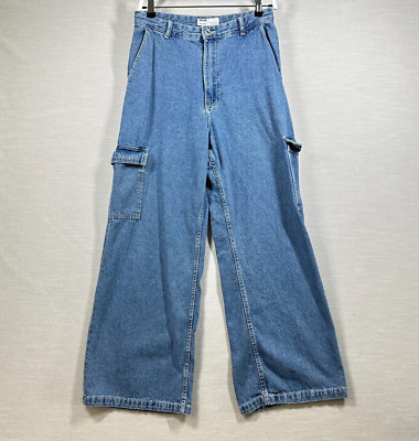 Bershka Jeans Womans 8 Blue Mid Washed Y2K Cargo Wide Baggy Denim Streetwear 90s