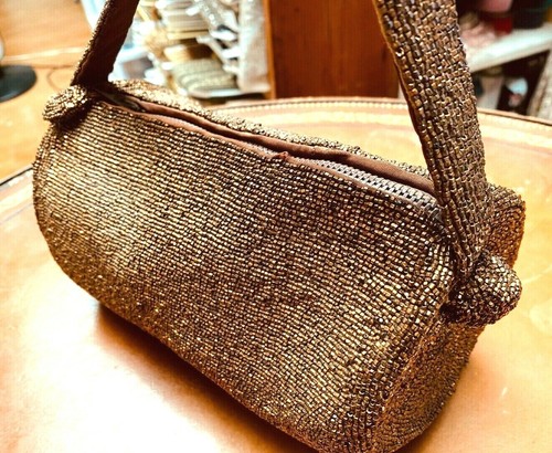 Vintage Rare 1900s Beaded Hand Sewn Handbag Copper Purse 8"Lx4"H x4" - Picture 7 of 8