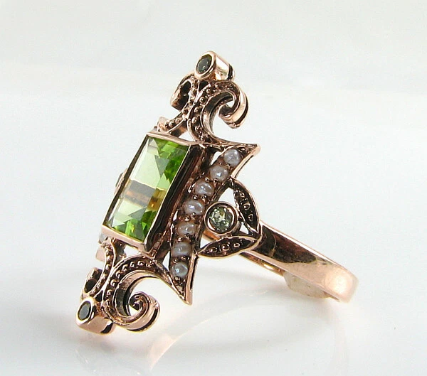 Anillo Cluster 9ct Oro Rosa Peridoto y Perla Art Déco Cocktail Talla Gratis O