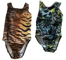 Lot 2 Destira Child Small CS Gymnastics Leotard Tiger Stripes Blue And Green