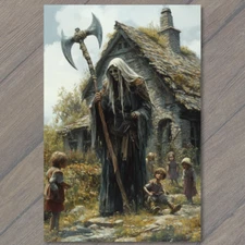 Art Print Giant Reaper Figure Cottage Scene Children in Danger Fantasy Dread