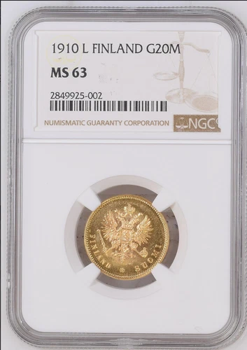 1910 L  Finland Gold 20 Markkaa NGC MS 63, Coin is Semi PL!