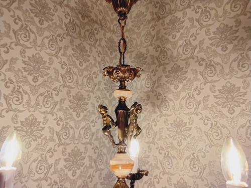 antik 3 fl Kronleuchter Deckenlampe Lüster Bronze Gold Onyx Engel Barock ca.1920 - Picture 5 of 6