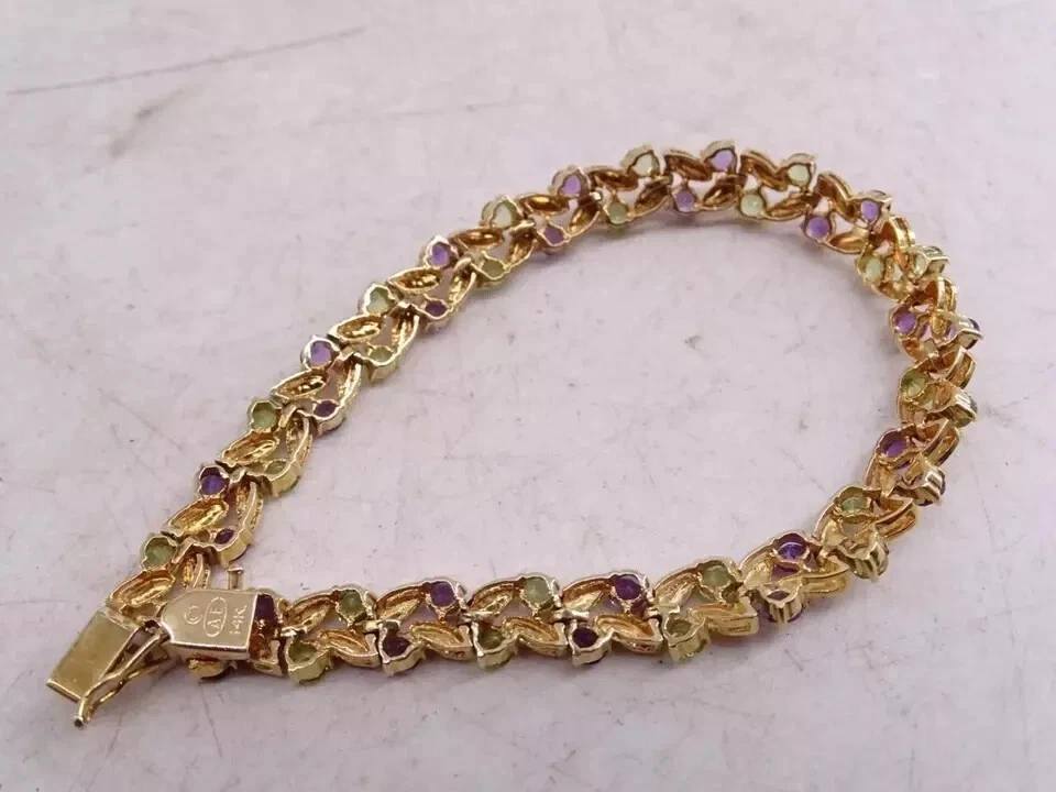 Brazalete Tenis Chapado en Oro Rosa 14k Amatista y Peridoto Simulado Corte Redondo 7 Ct Foto 4 de 4