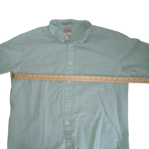LL BEAN Mens Short Sleeve Seersucker Button Down Shirt Green Whit Size Large - Picture 3 of 5